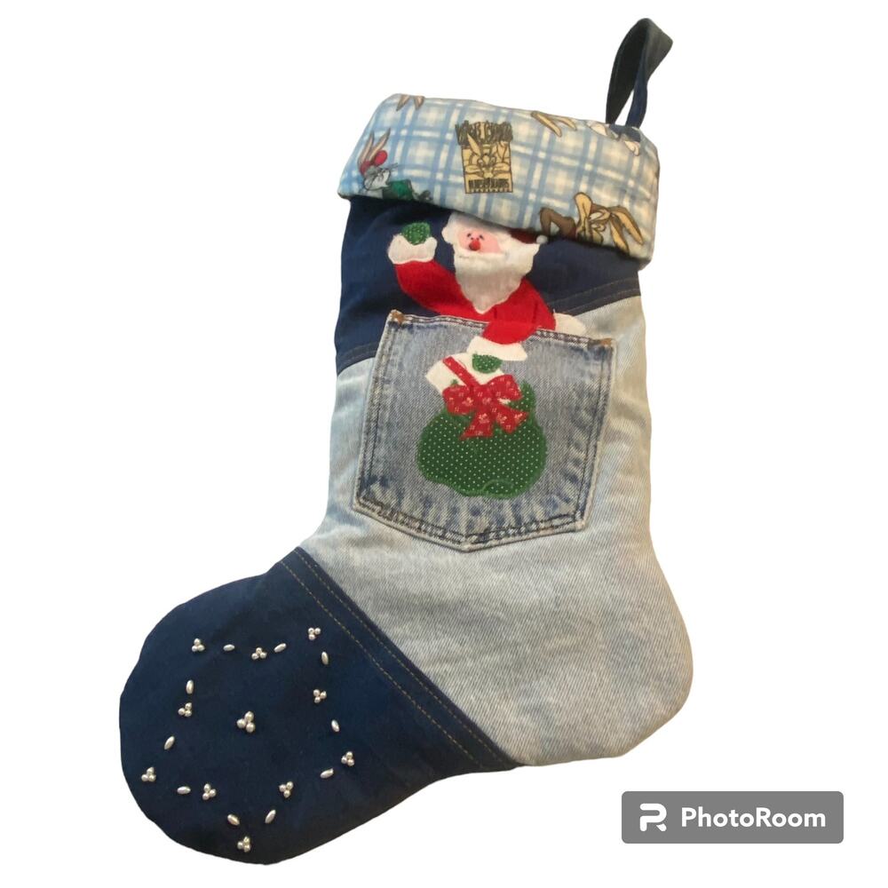 Warner Bros Christmas Stocking Denim Quilted Santa Patchwork Farmhouse Holiday